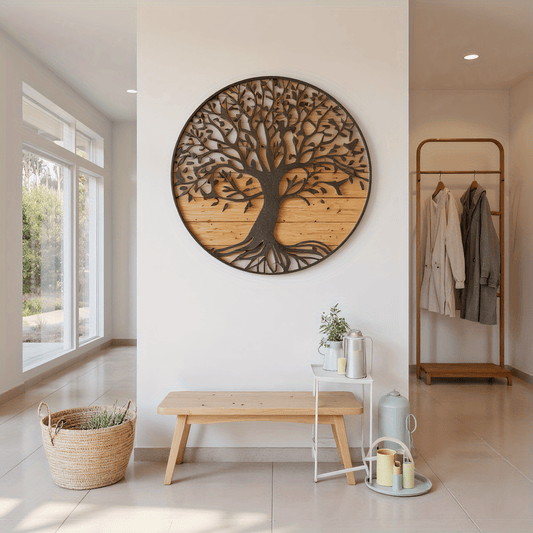 Nutshell Metal Tree of Life Wall Decor in a circular design with intricate branches and a wooden backdrop