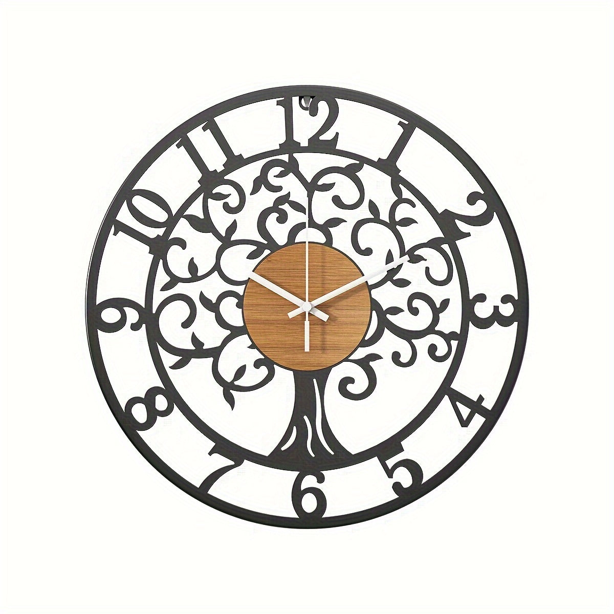 Nutshell metallic black frame clock with decorative tree design and wooden clock face
