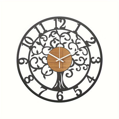 Nutshell metallic black frame clock with decorative tree design and wooden clock face