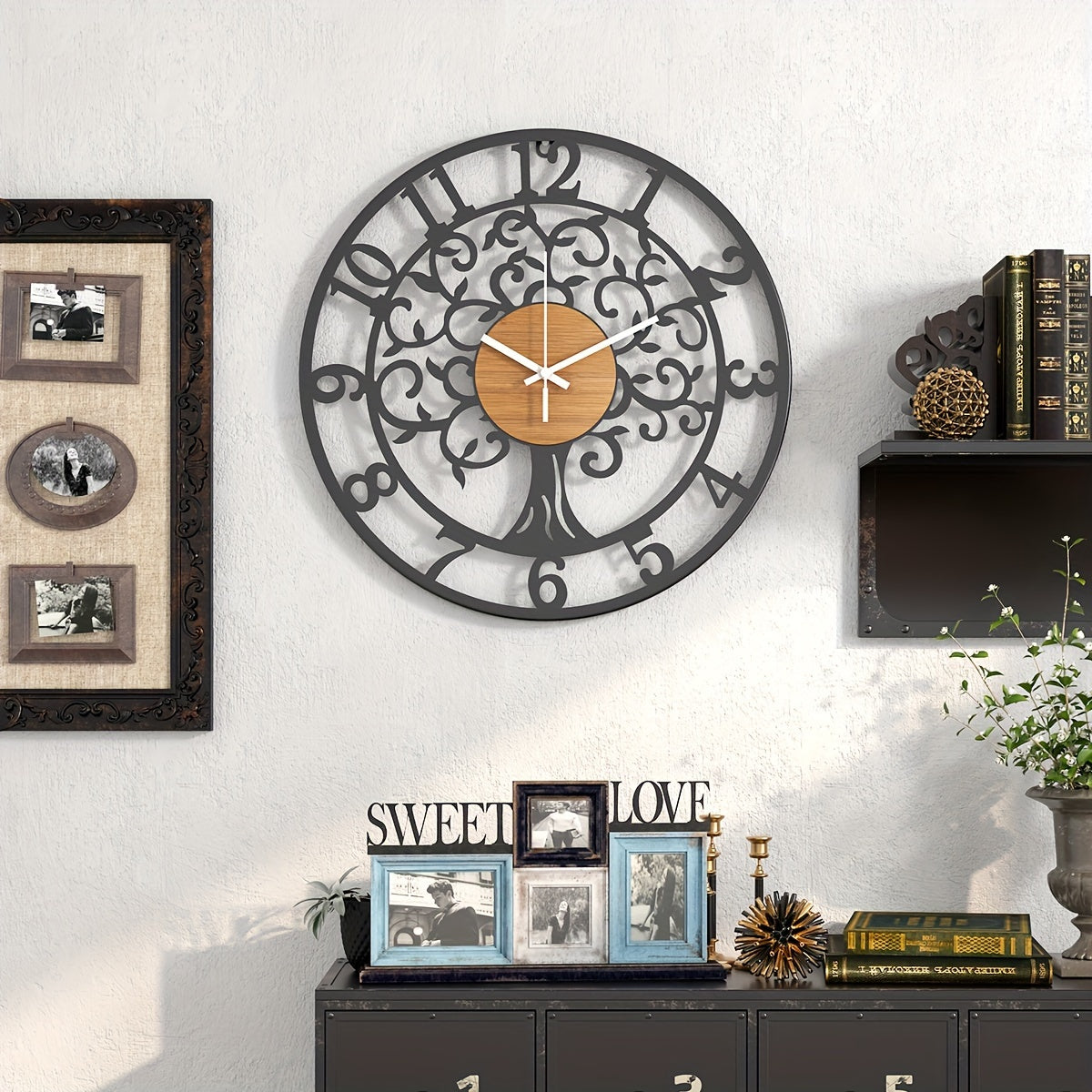 Nutshell metallic black frame clock with intricate design for stylish wall decor