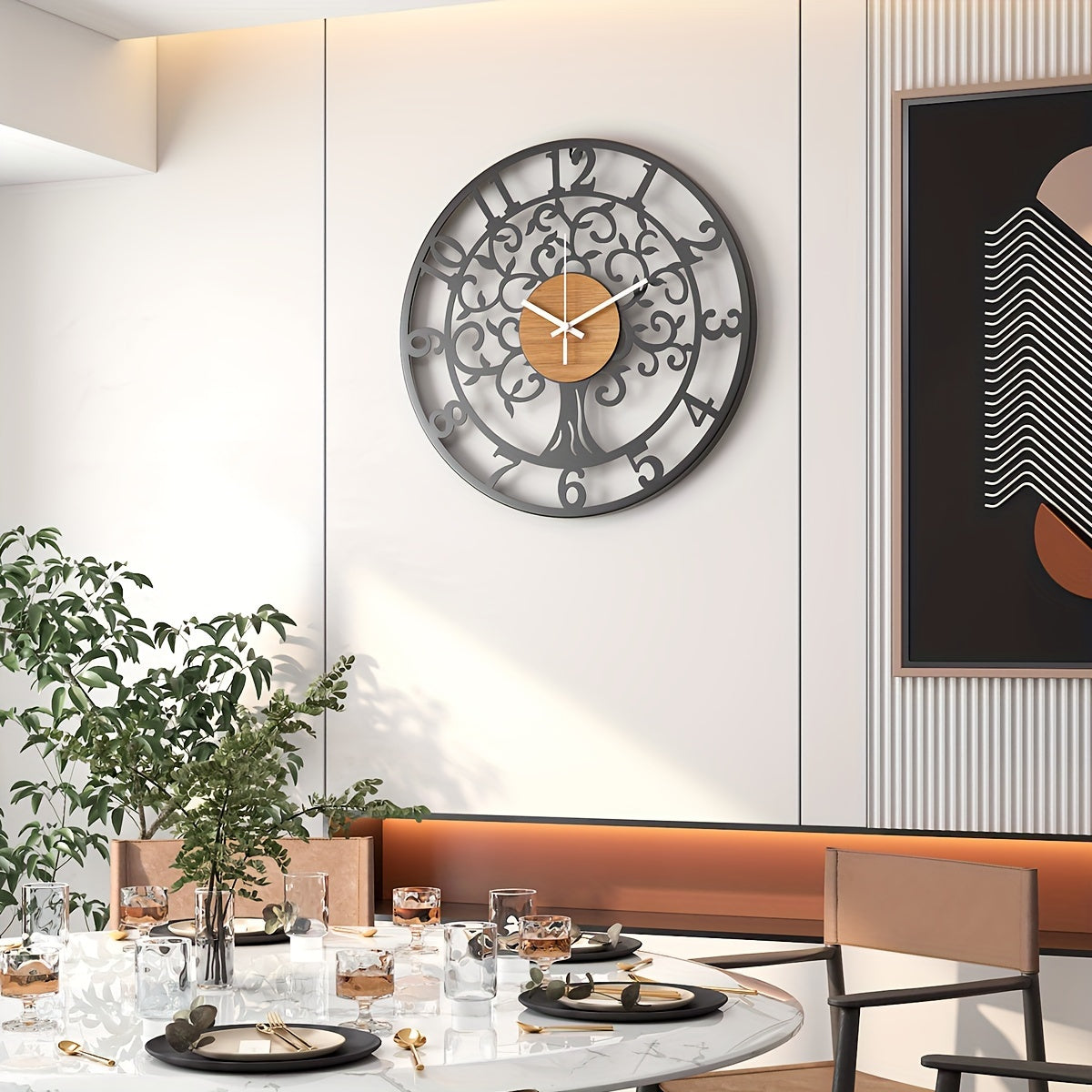 Stylish metallic black frame clock with a tree design, perfect for modern home decor.