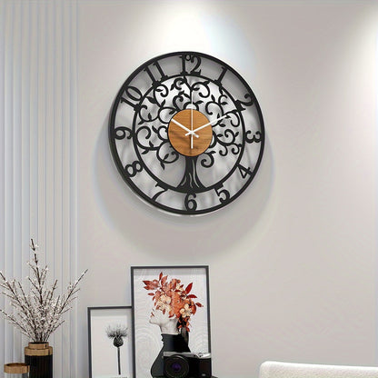 Nutshell metallic black frame clock with a unique tree design and wooden clock face