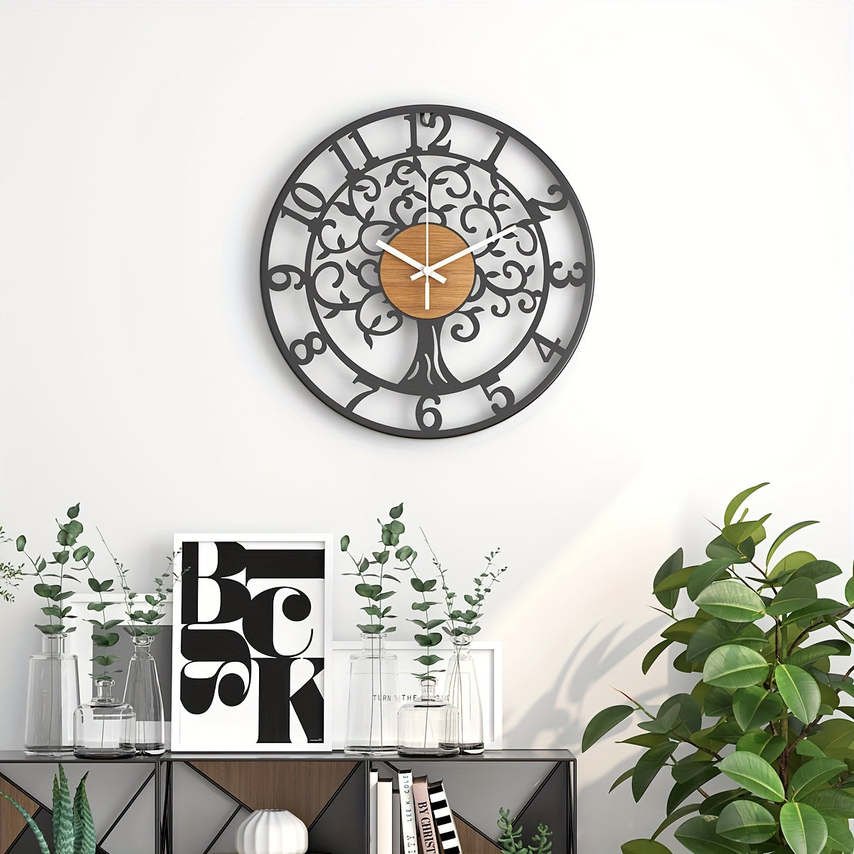 Nutshell metallic black frame clock with decorative design and wooden clock face for modern home decor