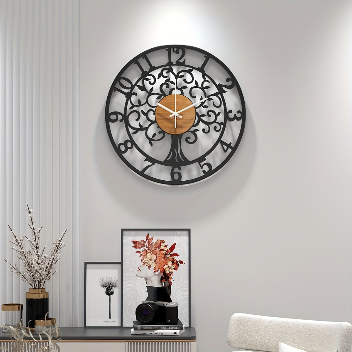 Stylish metallic black frame clock with decorative numbers and wooden accents for modern decor