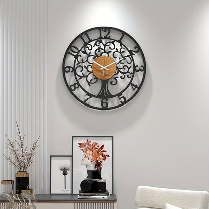 Stylish metallic black frame clock with decorative numbers and wooden accents for modern decor