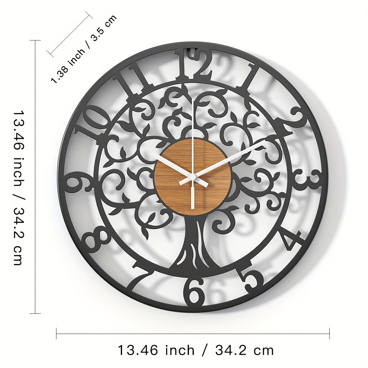 Nutshell metallic black frame clock with a decorative tree design and wooden center