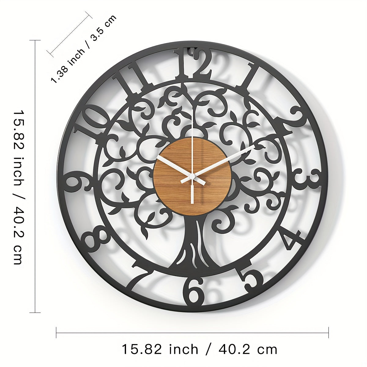 Nutshell metallic black frame clock with tree design and wooden center for modern decor