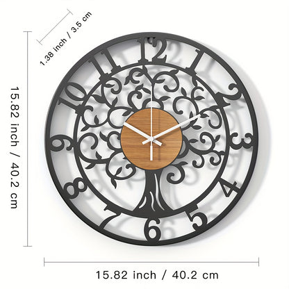 Nutshell metallic black frame clock with tree design and wooden center for modern decor