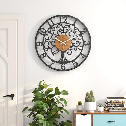 Metallic black frame clock with a tree design and wooden clock hands, ideal for modern decor