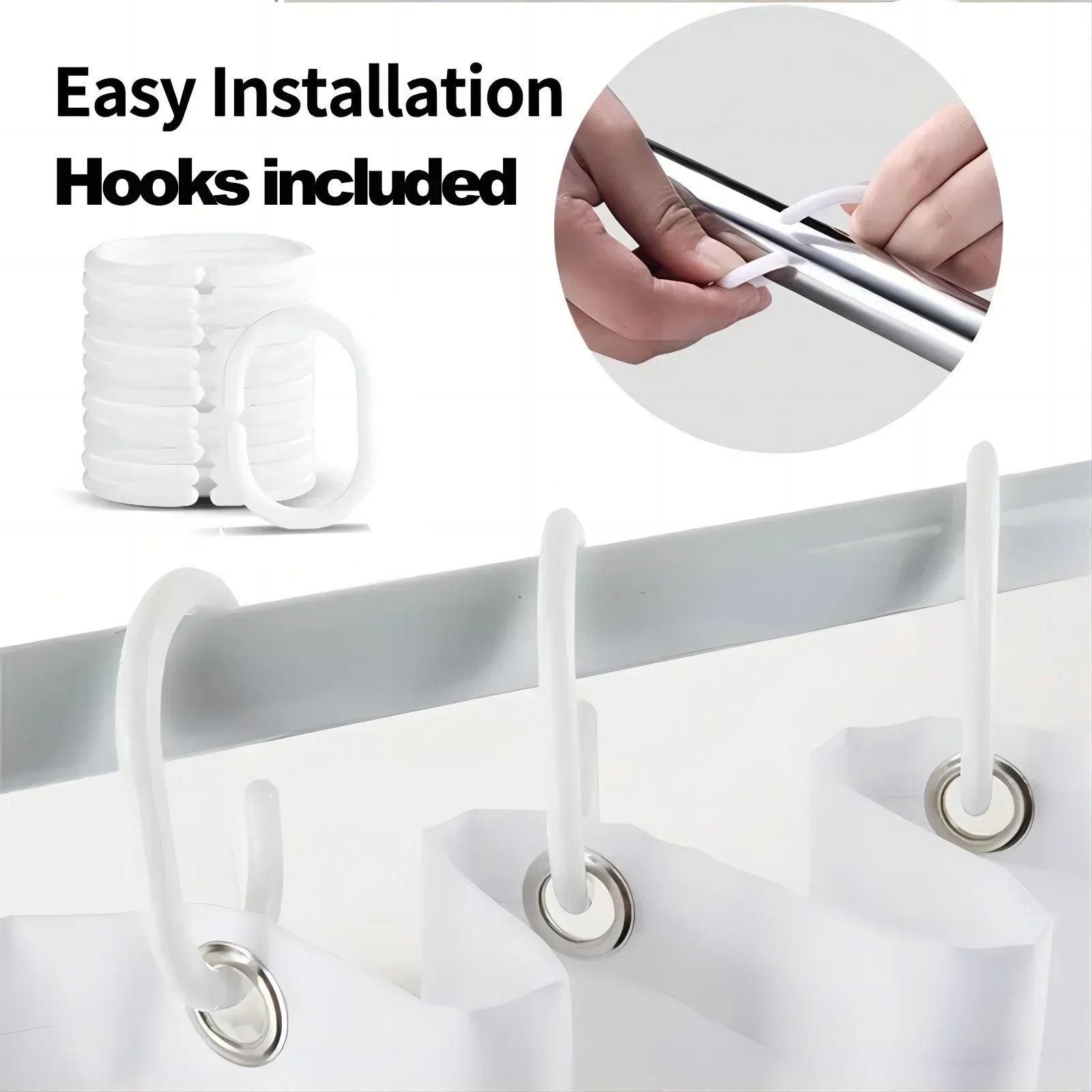 Mildew resistant bathroom shower curtain featuring easy installation with included hooks