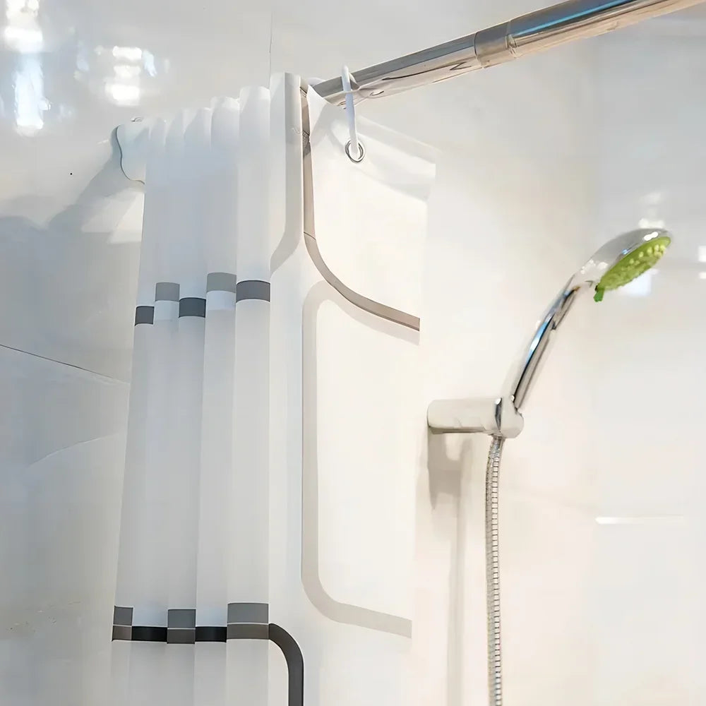 Nutshell mildew resistant bathroom shower curtain in white with modern design and gray accents