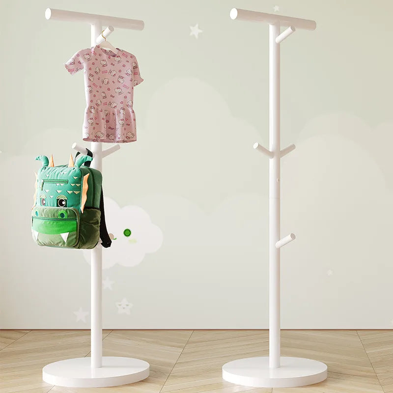Nutshell white coat stand pair for kids holding a dress and dinosaur backpack School Bag Storage Rack