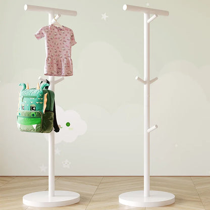 Nutshell white coat stand pair for kids holding a dress and dinosaur backpack School Bag Storage Rack