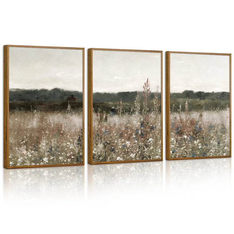 Set of three minimalist vintage landscape wall art pieces featuring muted colors and natural scenery