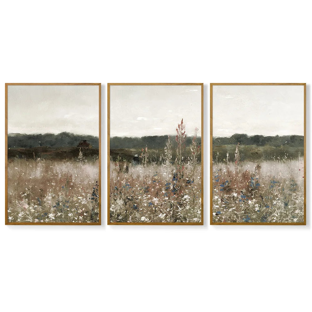 Nutshell minimalist vintage landscape wall art in three framed pieces showcasing serene nature scenes