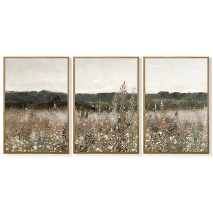 Nutshell minimalist vintage landscape wall art in three framed pieces showcasing serene nature scenes