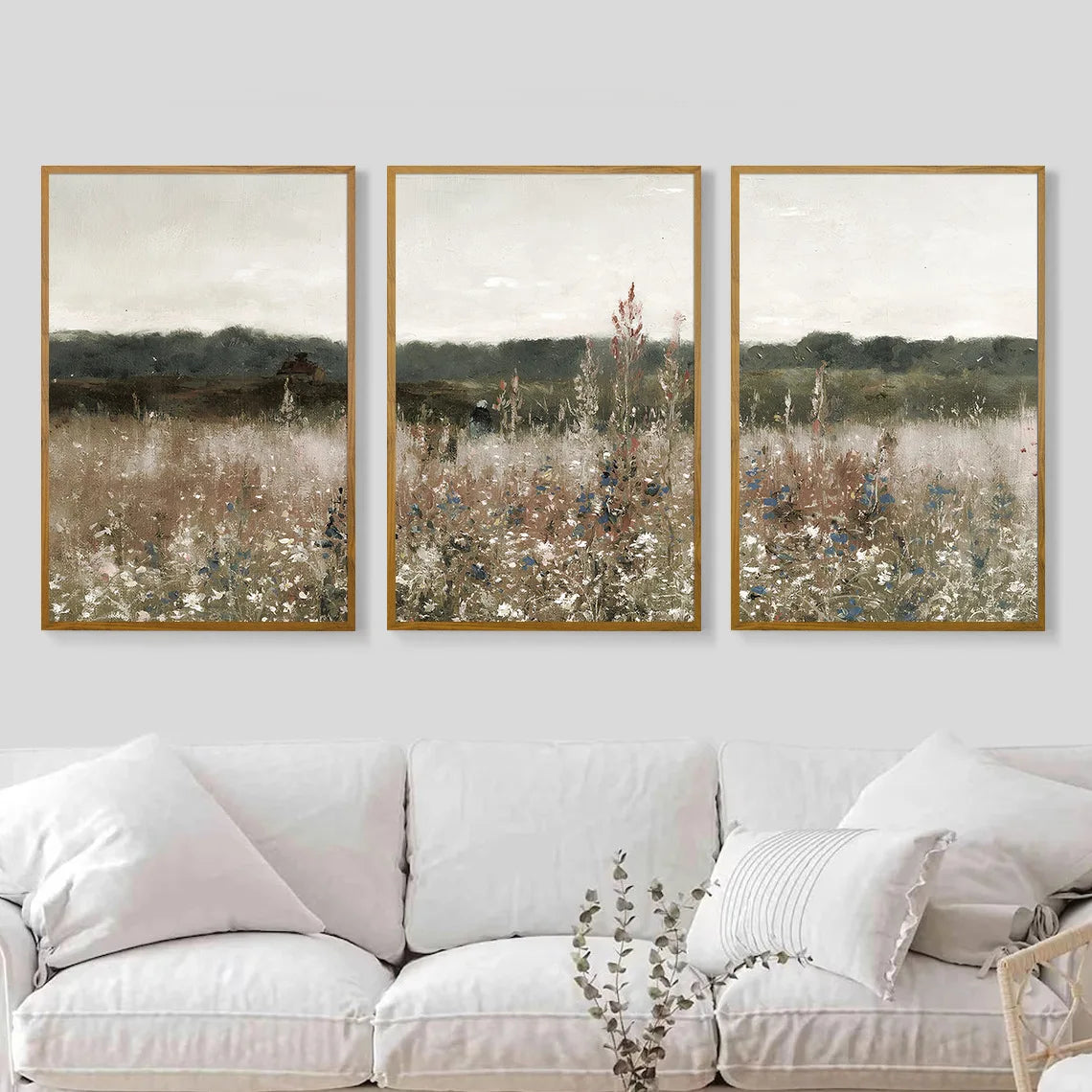 Set of three minimalist vintage landscape wall art pieces featuring serene nature scenes in neutral tones