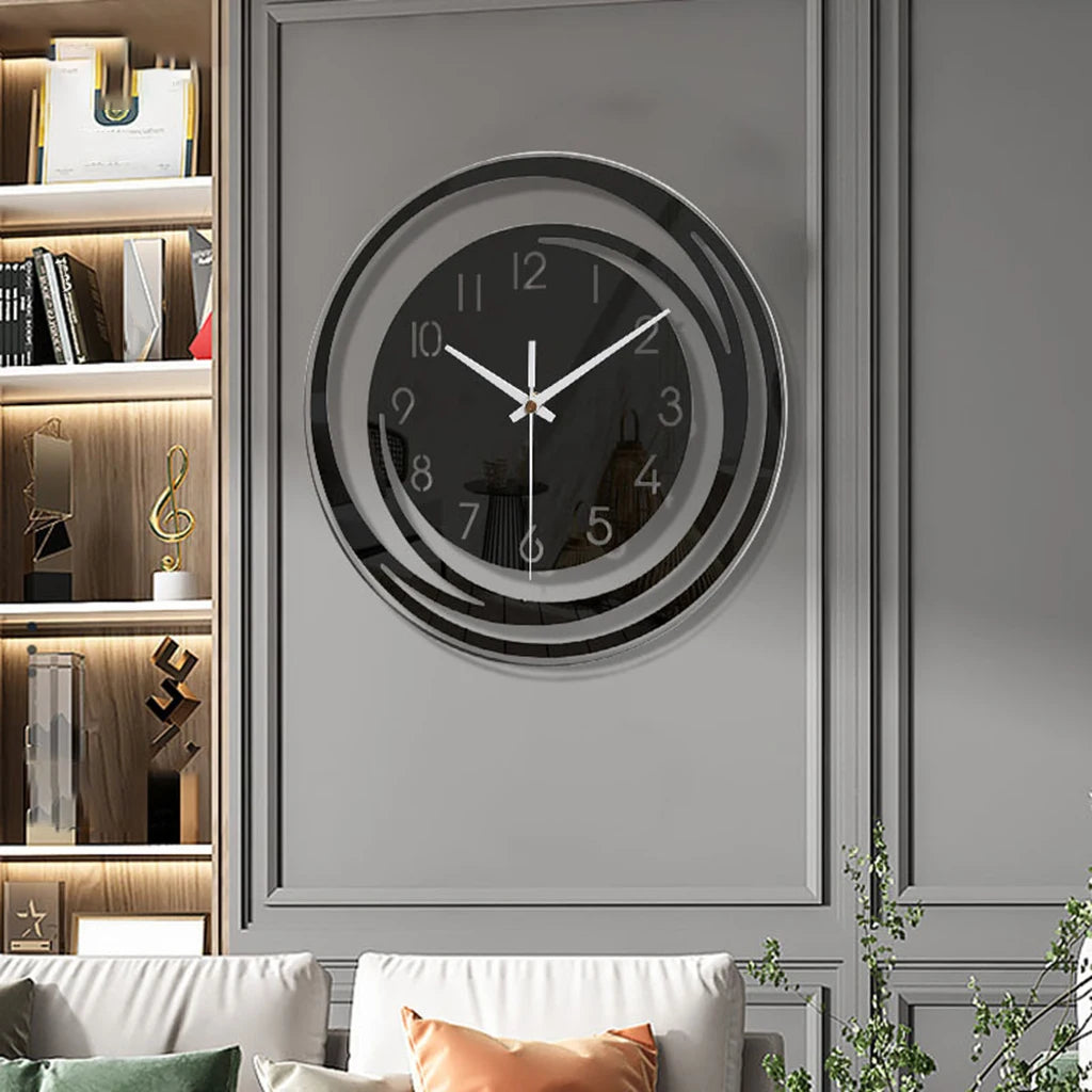 Modern acrylic wall clock with a sleek design and easy-to-read numerals hanging on a stylish wall