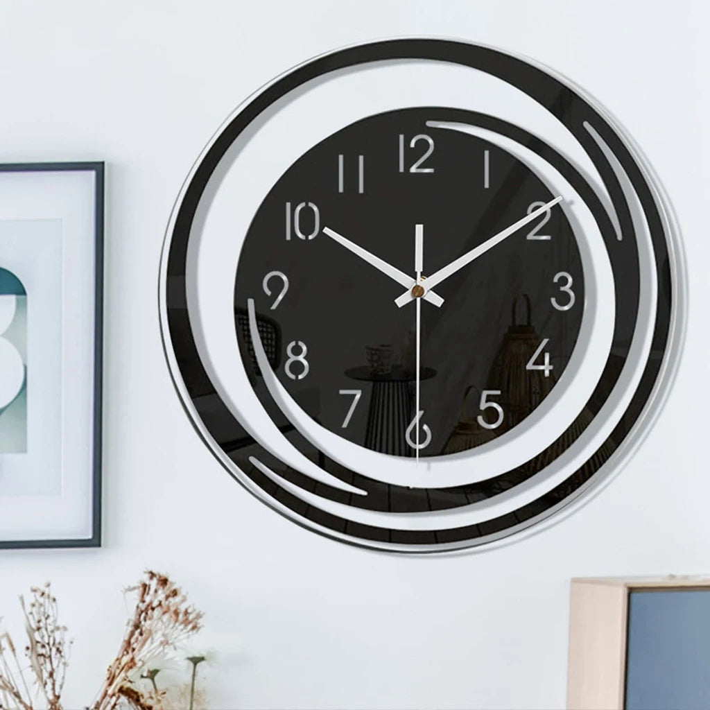 Modern acrylic wall clock with a stylish swirl design and sleek black face for contemporary decor