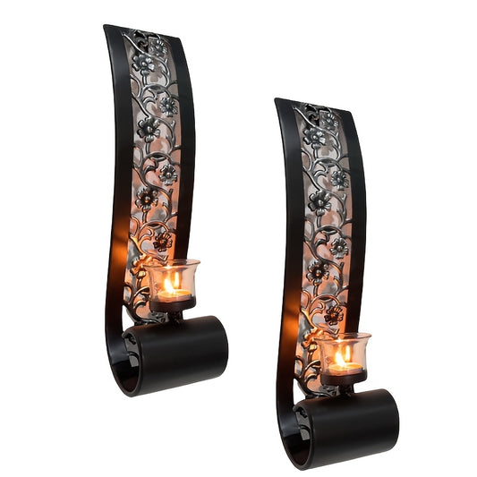 Nutshell modern black metal wall lamp with elegant floral design and glass candle holders