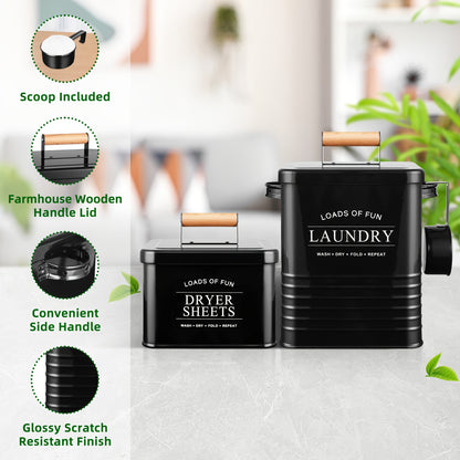 Nutshell modern farmhouse laundry storage set with scoop and farmhouse wooden handle lid