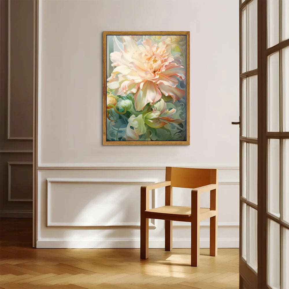 Modern flower wall art featuring a large, soft-colored floral painting in a light-filled room