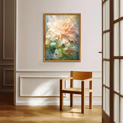 Modern flower wall art featuring a large, soft-colored floral painting in a light-filled room