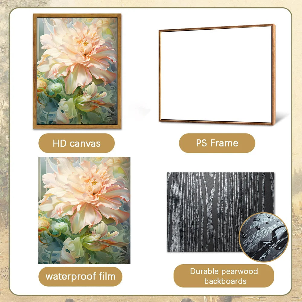 Modern flower wall art featuring a vibrant floral design on HD canvas with a durable PS frame