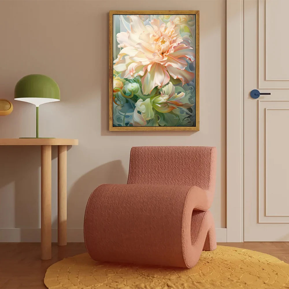 Modern flower wall art featuring a vibrant floral design in a stylish living room setting