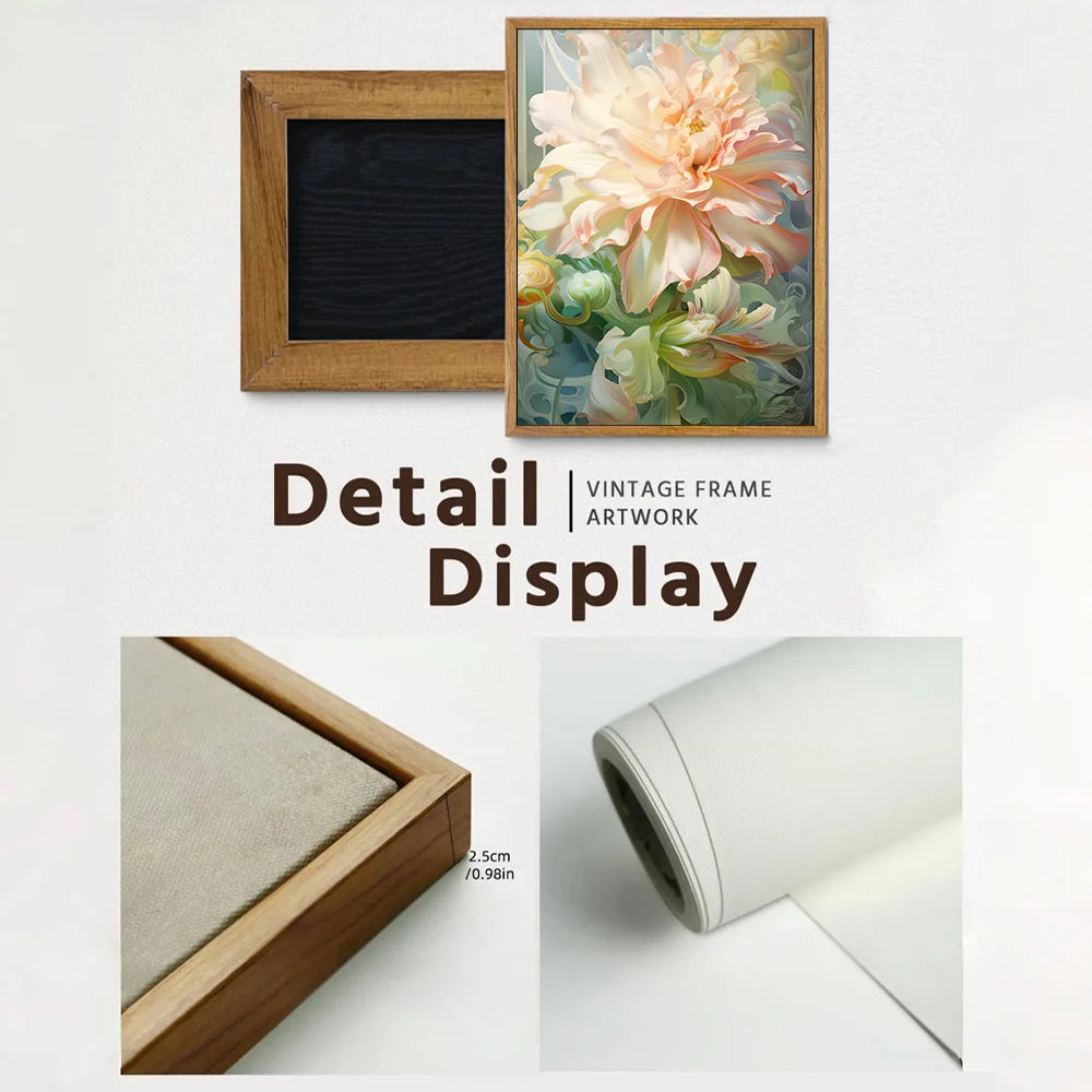 Modern flower wall art displayed in a vintage wooden frame showing a soft floral design