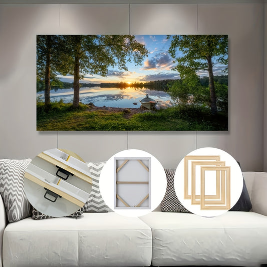 Modern landscape canvas art featuring a serene sunset over a lake with trees in the foreground