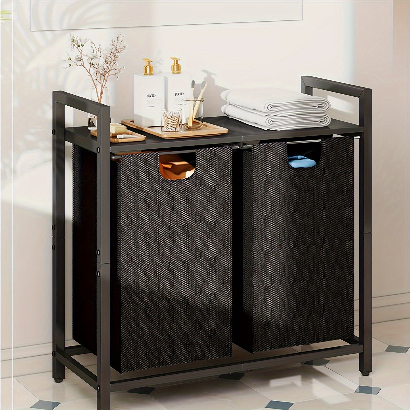 Nutshell modern laundry hamper with shelf featuring dual fabric bins and a sturdy top for easy sorting