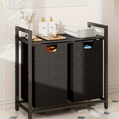 Nutshell modern laundry hamper with shelf featuring dual fabric bins and a sturdy top for easy sorting
