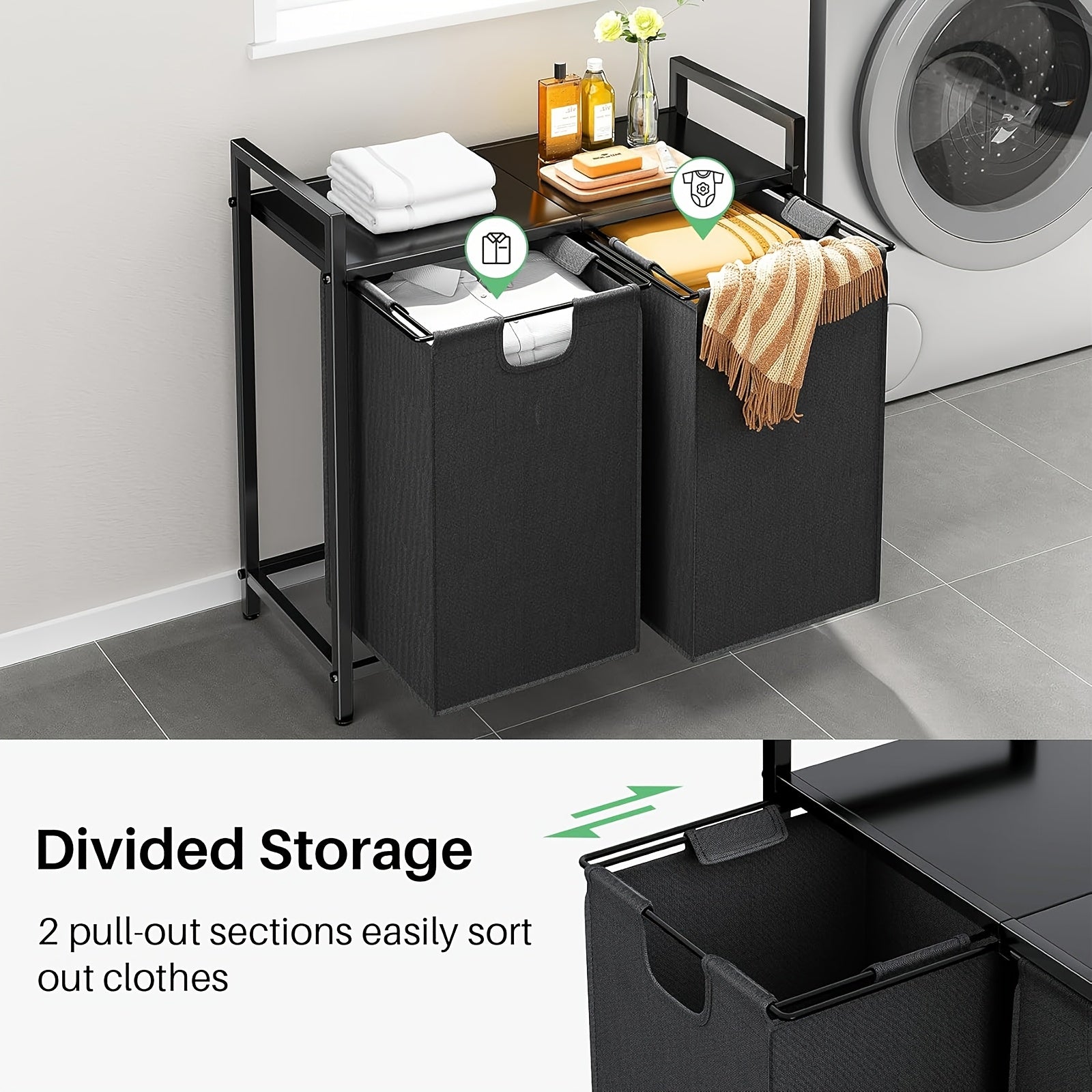Nutshell modern laundry hamper with shelf featuring divided storage and pull-out sections for sorting clothes