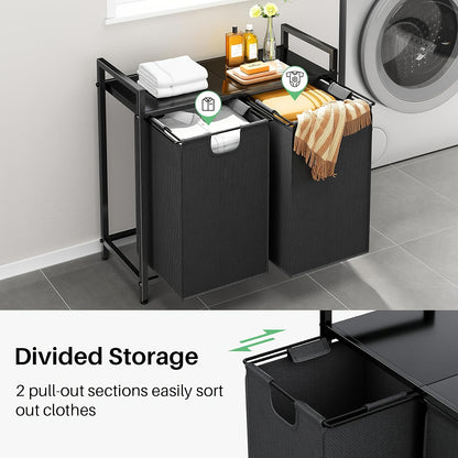 Nutshell modern laundry hamper with shelf featuring divided storage and pull-out sections for sorting clothes