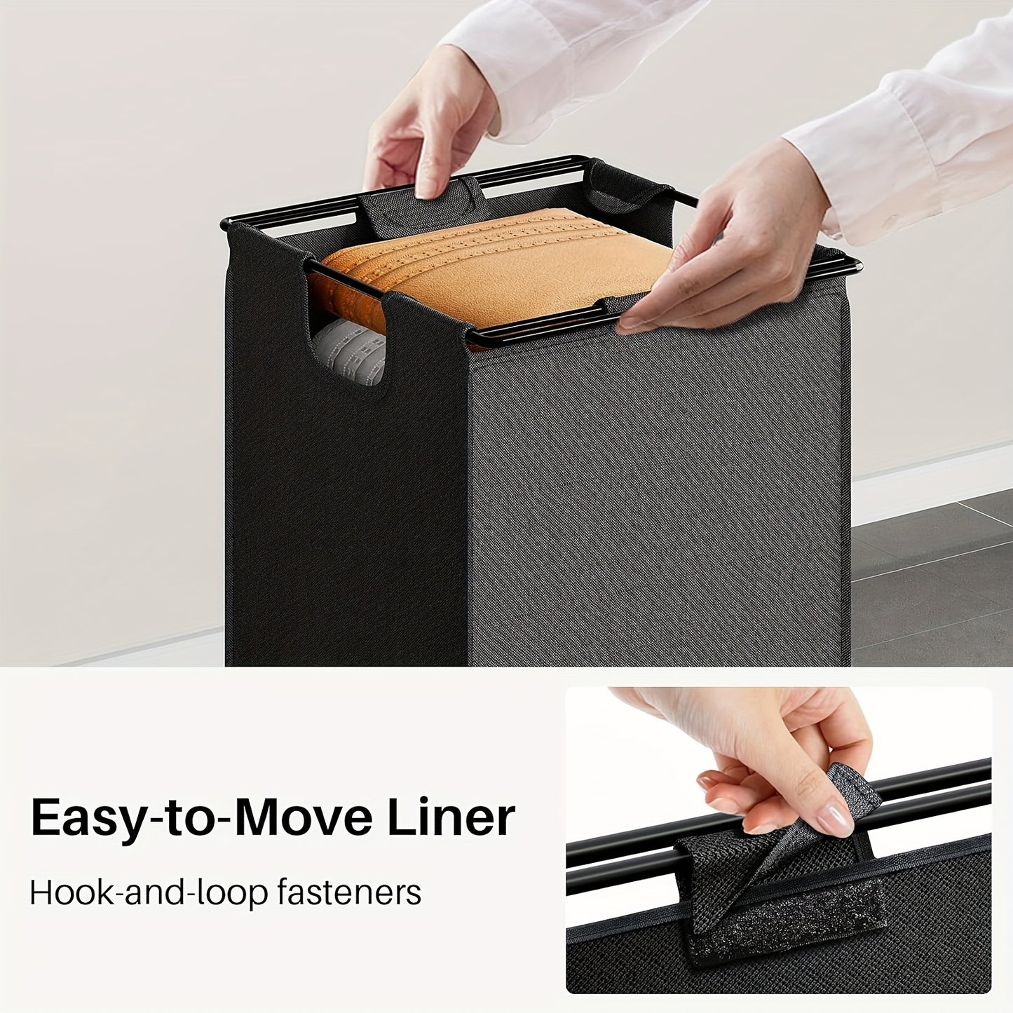 Modern laundry hamper with shelf featuring a removable easy-to-move liner for convenient use
