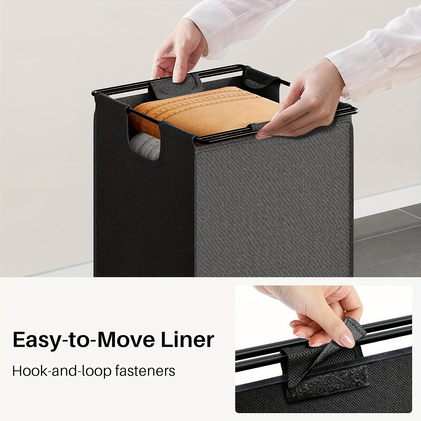 Modern laundry hamper with shelf featuring a removable easy-to-move liner for convenient use