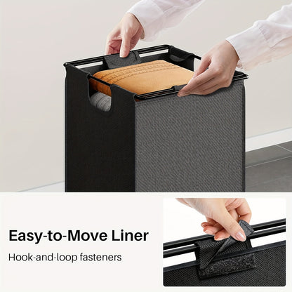 Modern laundry hamper with shelf featuring a removable easy-to-move liner for convenient use