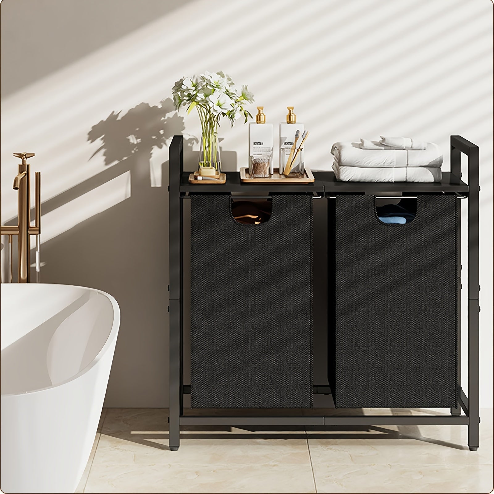 Nutshell modern laundry hamper with shelf featuring two fabric bins and a top surface for storage