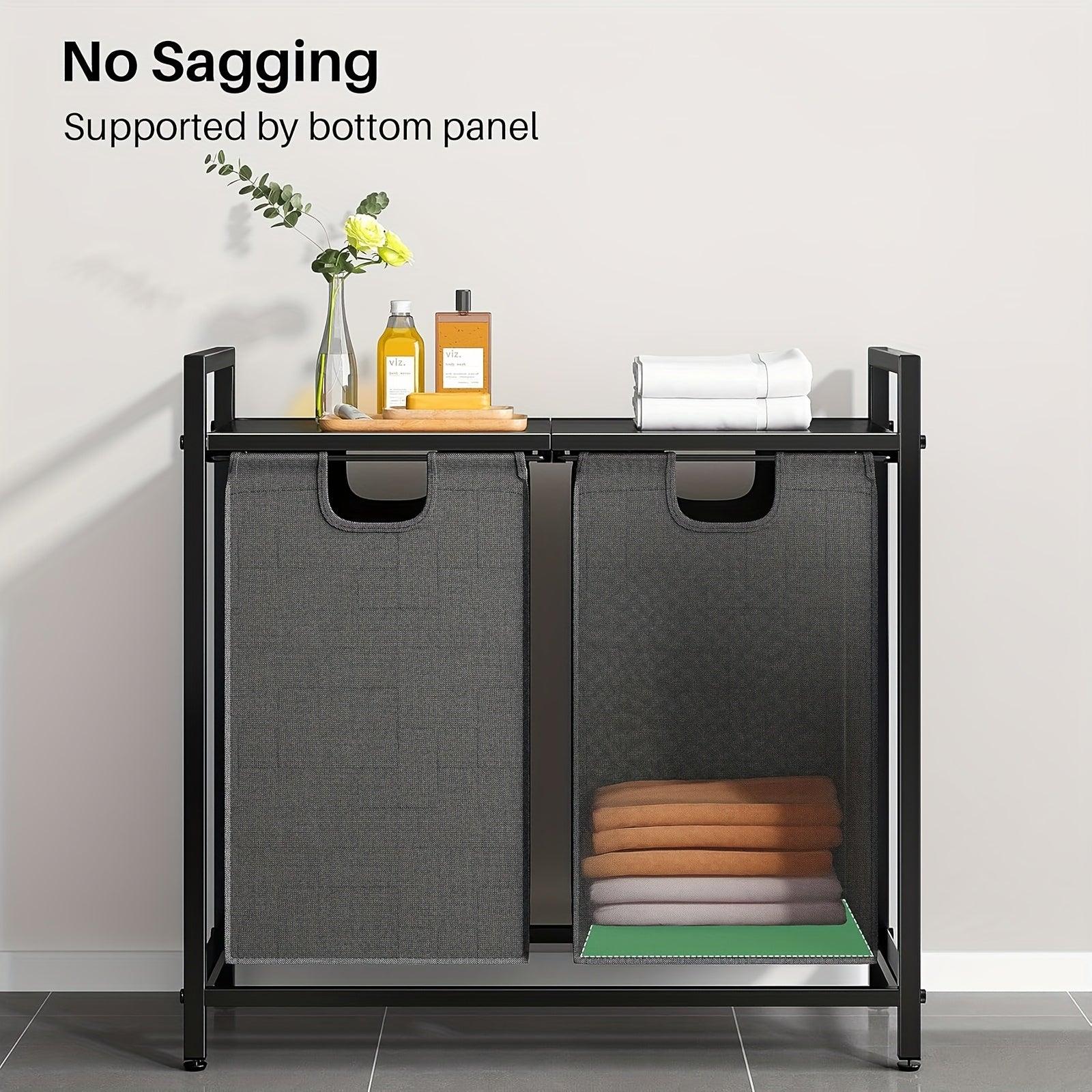 Modern laundry hamper with shelf featuring sturdy design and no sagging support for organized laundry storage