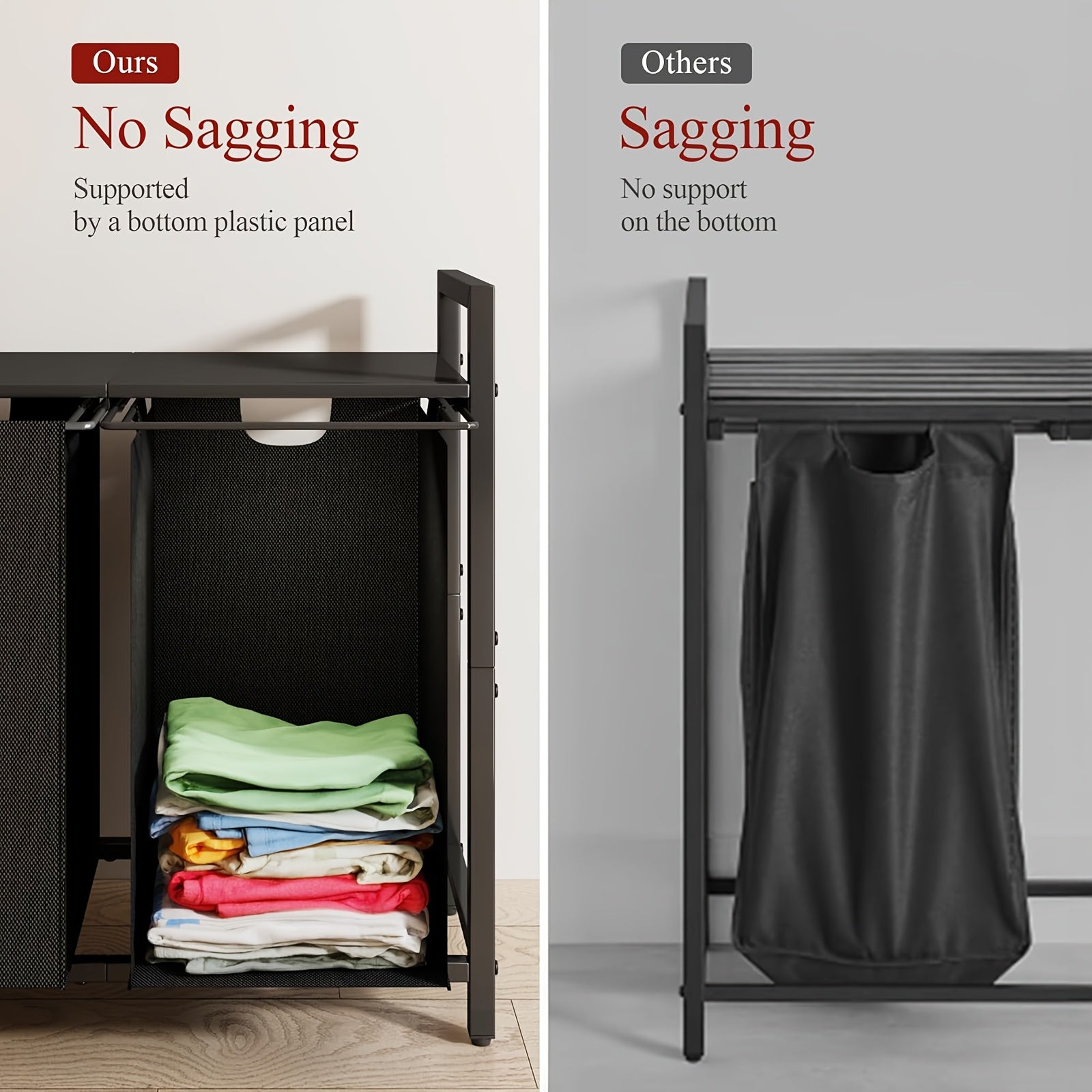 Nutshell modern laundry hamper with shelf, featuring no sagging design supported by a plastic panel