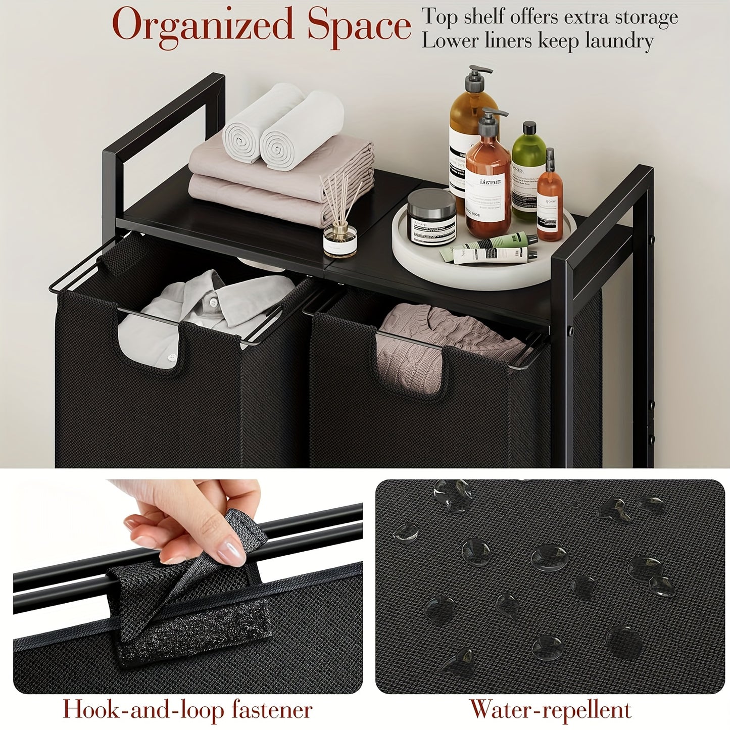 Nutshell modern laundry hamper with shelf featuring hooks and water-repellent fabric for organized space