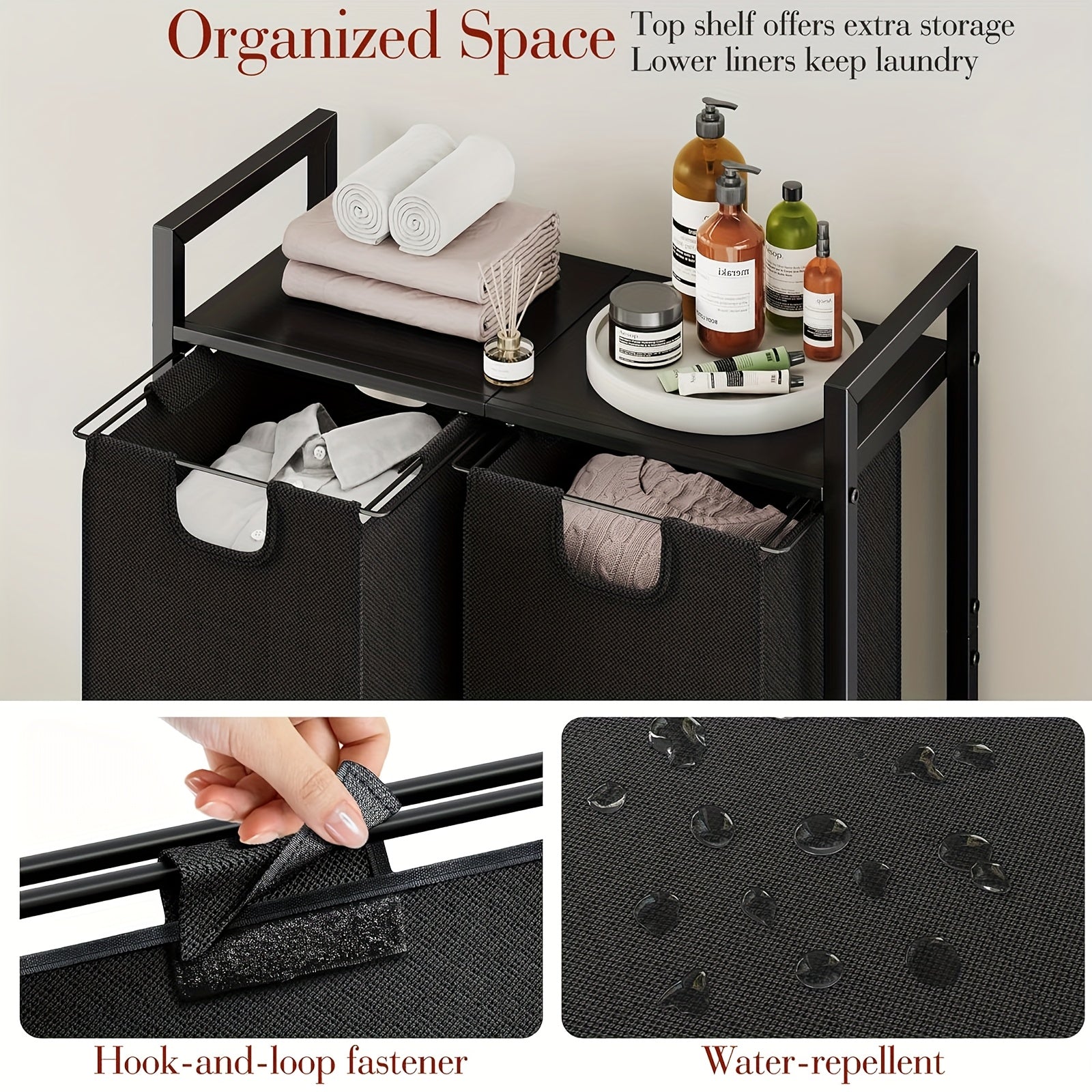 Nutshell modern laundry hamper with shelf featuring hooks and water-repellent fabric for organized space