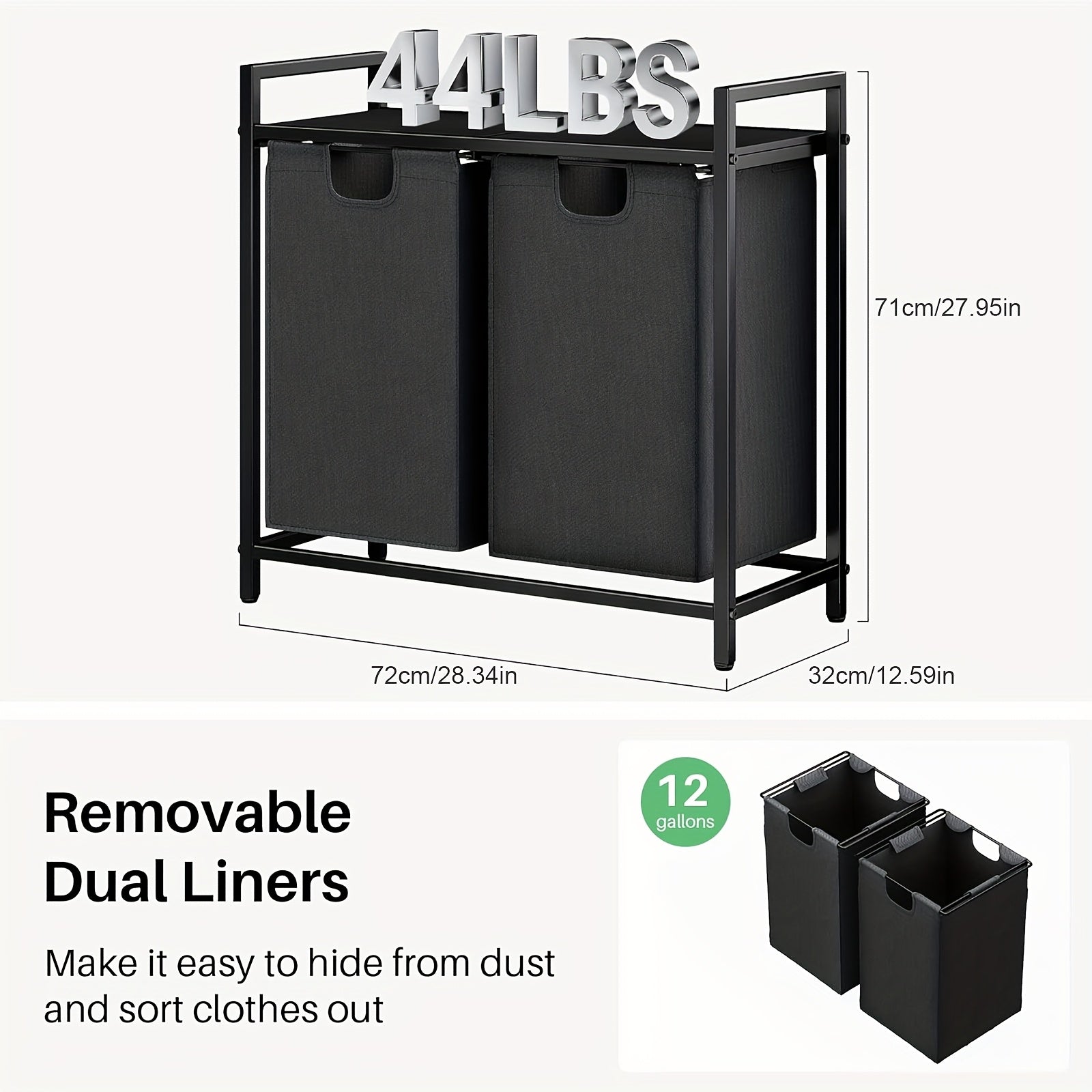 Nutshell modern laundry hamper with shelf featuring removable dual liners for easy sorting