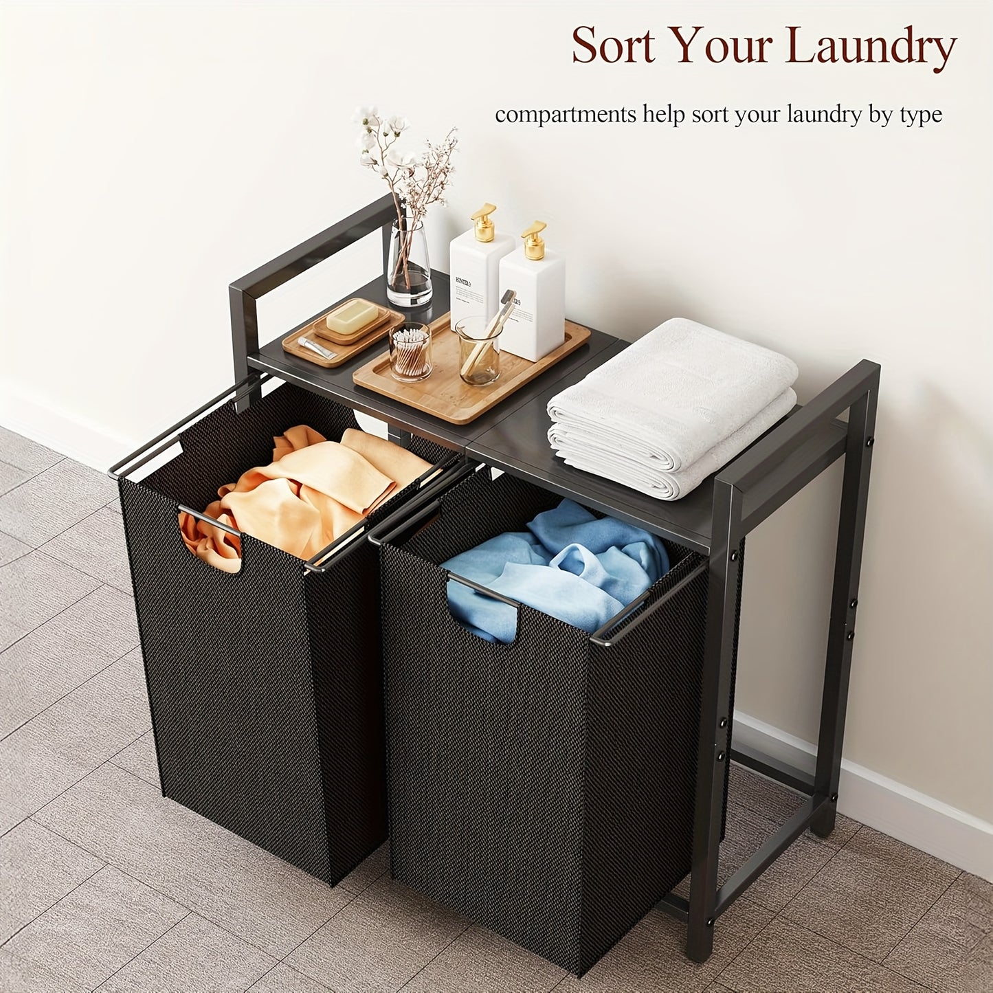 Modern laundry hamper with shelf featuring two compartments for organized laundry sorting