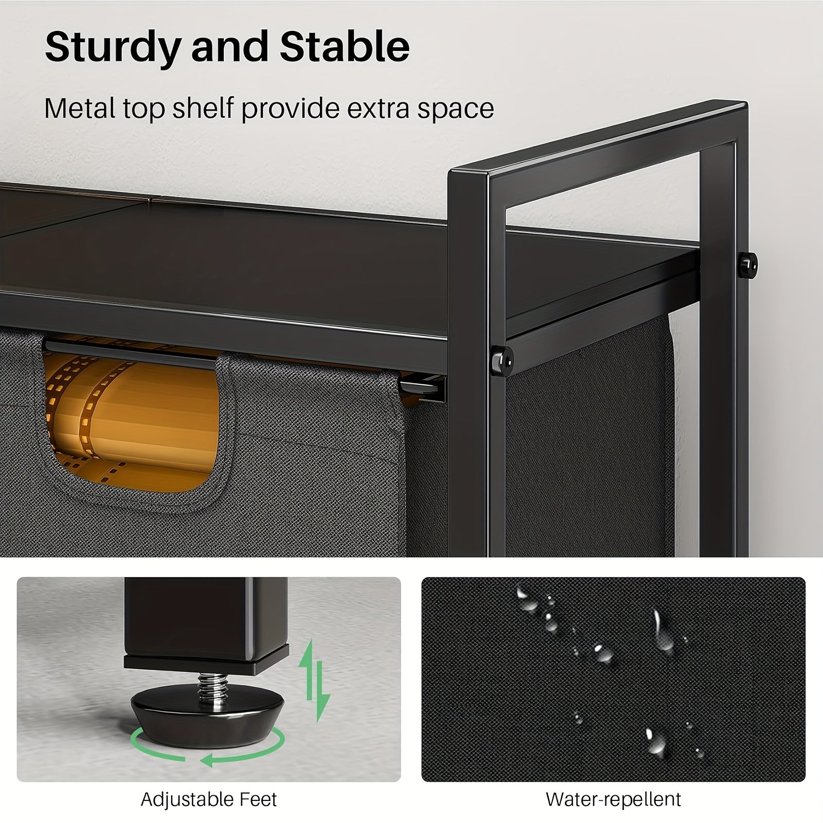 Modern laundry hamper with shelf featuring a sturdy metal top and adjustable feet for stability