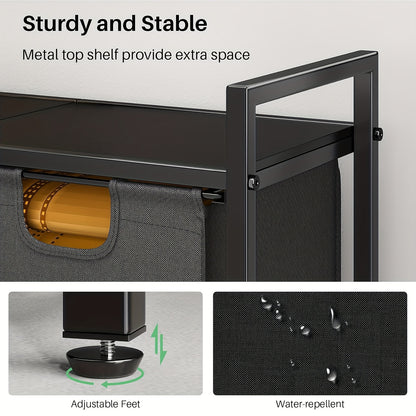 Modern laundry hamper with shelf featuring a sturdy metal top and adjustable feet for stability