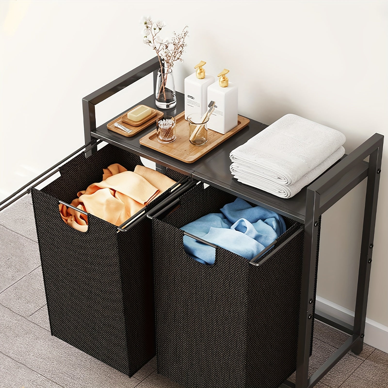 Modern laundry hamper with shelf offering two compartments for organized sorting and a top for storage