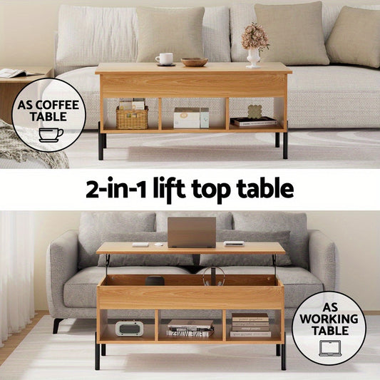Nutshell lift-top coffee table with storage in natural wood and black legs shown closed and open with storage and workspace