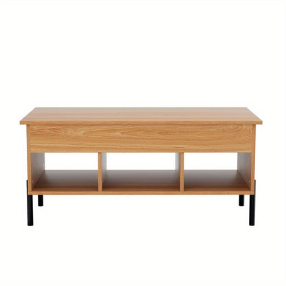 Nutshell lift-top coffee table with storage in natural wood and black legs with open compartments